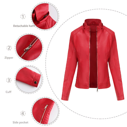 Women's Faux Leather Jacket Motorcycle Coat with Removable Hood-A1