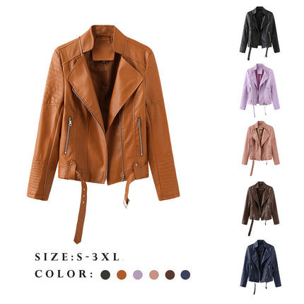 Women's Cropped Faux Leather Jacket Casual Zip Up Coat PU Outwear with Pockets