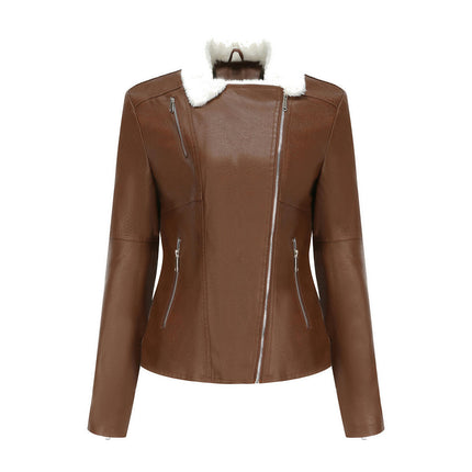 Women's Faux Leather Sherpa Lined Moto Jacket with Pockets