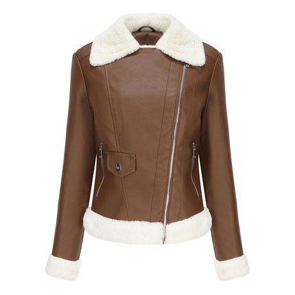 Women Faux Leather Jacket with Faux Fur Lining Warm Winter Biker Coat