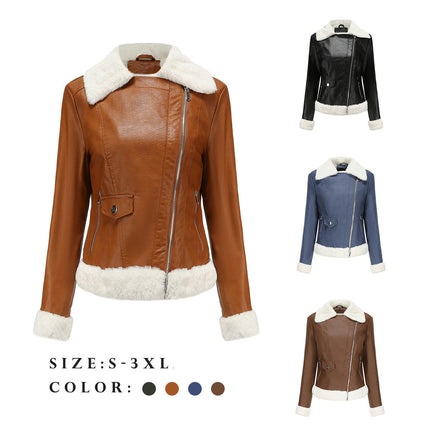 Women Faux Leather Jacket with Faux Fur Lining Warm Winter Biker Coat