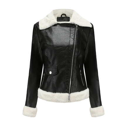 Women Faux Leather Jacket with Faux Fur Lining Warm Winter Biker Coat