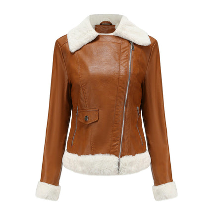 Women Faux Leather Jacket with Faux Fur Lining Warm Winter Biker Coat