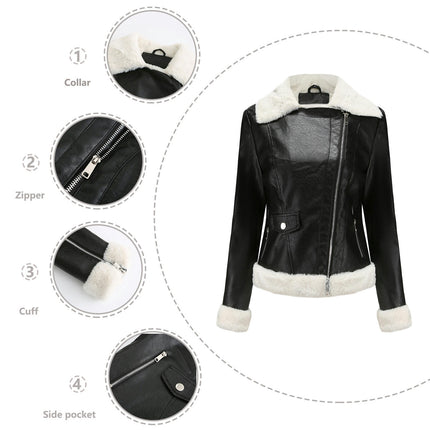 Women Faux Leather Jacket with Faux Fur Lining Warm Winter Biker Coat