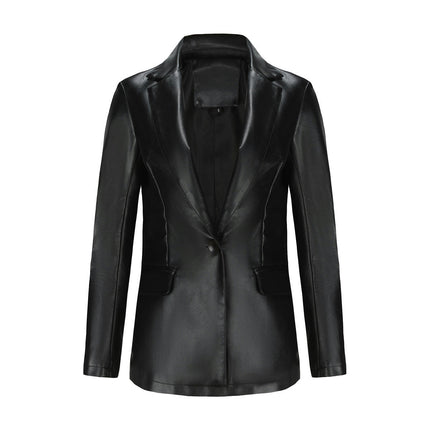 Women's Button Front Faux Leather Jacket - Casual Long Sleeve Leather Jacket