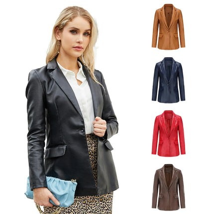 Women's Button Front Faux Leather Jacket - Casual Long Sleeve Leather Jacket