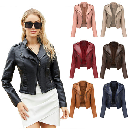 Women's Leather Jacket Zip up Faux Leather Moto Biker Short Coat Jacket