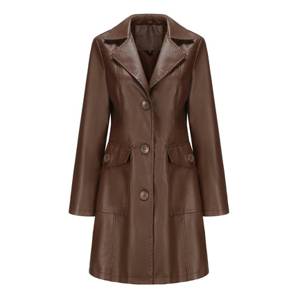 Women's PU Faux Leather Jacket Casual Lapel Long Suit Trench Coat Outerwear