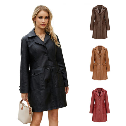 Women's PU Faux Leather Jacket Casual Lapel Long Suit Trench Coat Outerwear