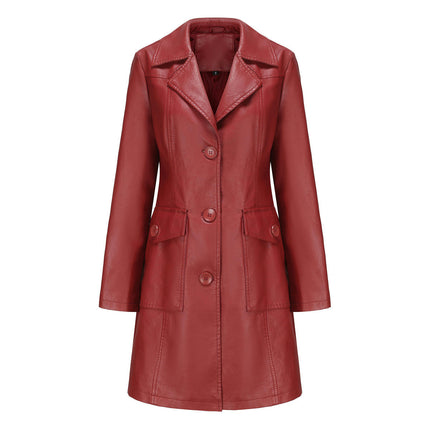 Women's PU Faux Leather Jacket Casual Lapel Long Suit Trench Coat Outerwear