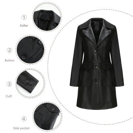 Women's PU Faux Leather Jacket Casual Lapel Long Suit Trench Coat Outerwear