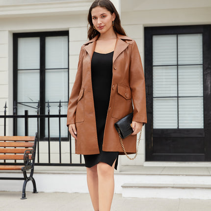 Women's PU Faux Leather Jacket Casual Lapel Long Suit Trench Coat Outerwear