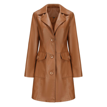 Women's PU Faux Leather Jacket Casual Lapel Long Suit Trench Coat Outerwear