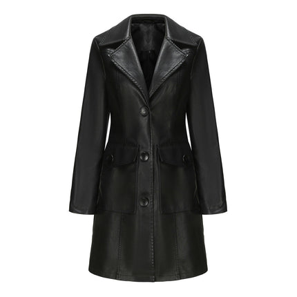 Women's PU Faux Leather Jacket Casual Lapel Long Suit Trench Coat Outerwear