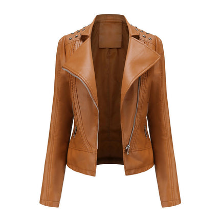 Women's Faux Leather Short Moto Jacket Zip-up Slim PU Biker Coat Model B