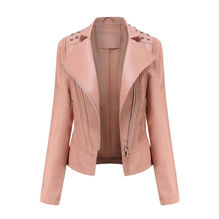 Women's Faux Leather Short Moto Jacket Zip-up Slim PU Biker Coat Model B