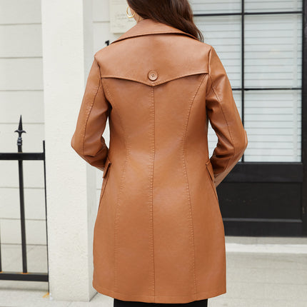 Women's PU Faux Leather Jacket Casual Lapel Long Suit Trench Coat Outerwear