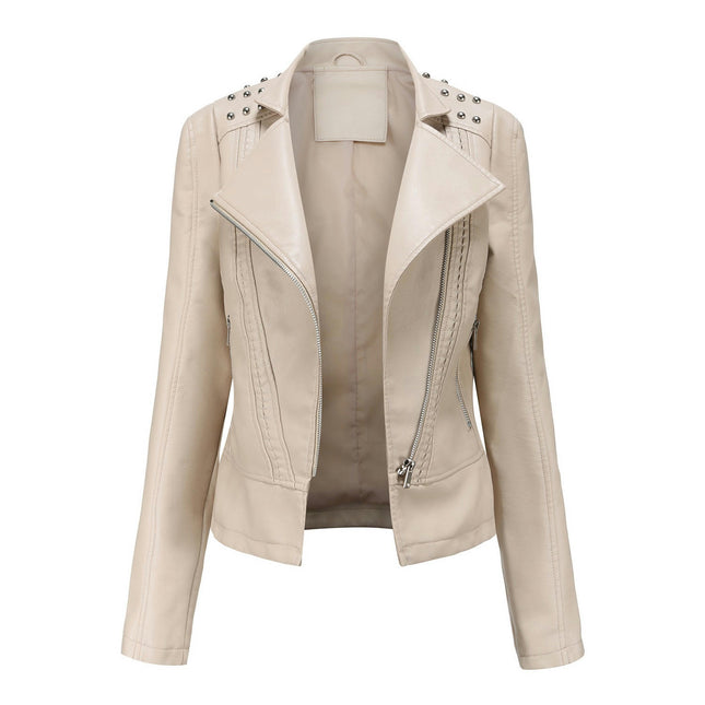 Women's Faux Leather Short Moto Jacket Zip-up Slim PU Biker Coat Model B