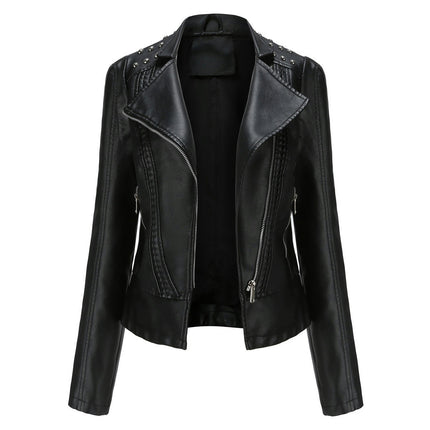 Women's Faux Leather Short Moto Jacket Zip-up Slim PU Biker Coat Model B