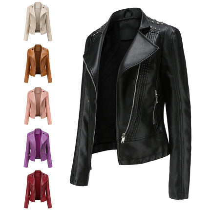 Women's Faux Leather Short Moto Jacket Zip-up Slim PU Biker Coat Model B