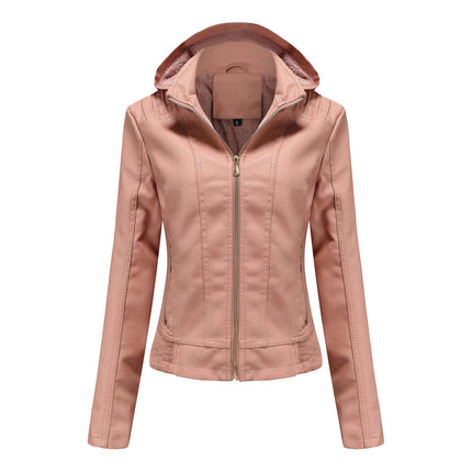 Women's Faux Leather Short Moto Jacket Zip-up Slim PU Coat  with Removable Hood