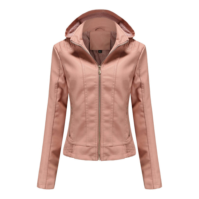 Women's Faux Leather Short Moto Jacket Zip-up Slim PU Coat  with Removable Hood