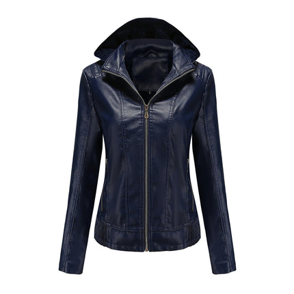 Women's Faux Leather Short Moto Jacket Zip-up Slim PU Coat  with Removable Hood