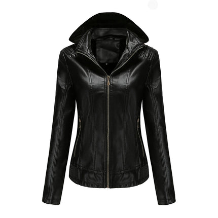 Women's Faux Leather Short Moto Jacket Zip-up Slim PU Coat  with Removable Hood