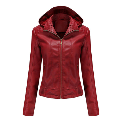 Women's Faux Leather Short Moto Jacket Zip-up Slim PU Coat  with Removable Hood