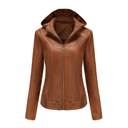 Women's Faux Leather Short Moto Jacket Zip-up Slim PU Coat  with Removable Hood