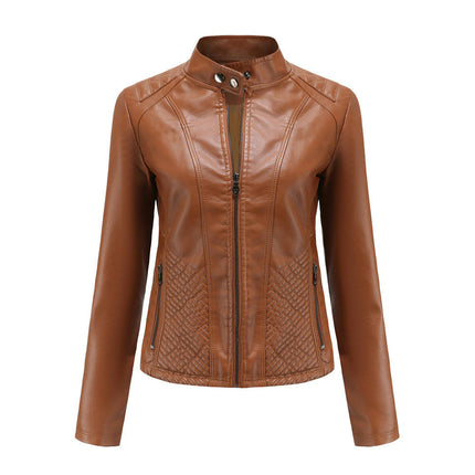 Women's Faux Leather Jacket Front Zip Pockets Moto Coat