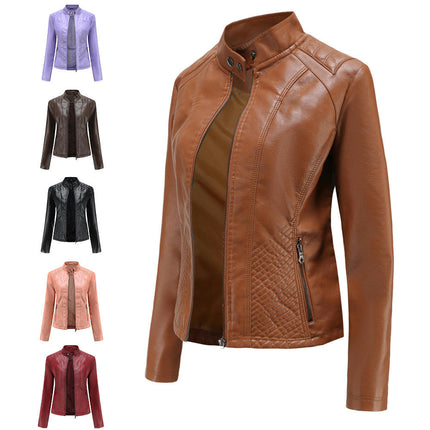 Women's Faux Leather Jacket Front Zip Pockets Moto Coat