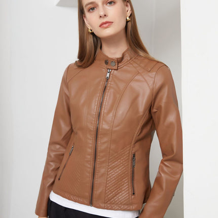 Women's Faux Leather Jacket Front Zip Pockets Moto Coat