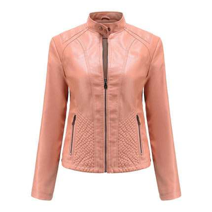 Women's Faux Leather Jacket Front Zip Pockets Moto Coat