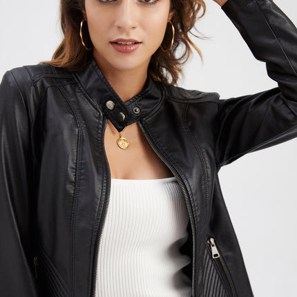 Women's Faux Leather Jacket Front Zip Pockets Moto Coat