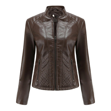 Women's Faux Leather Jacket Front Zip Pockets Moto Coat