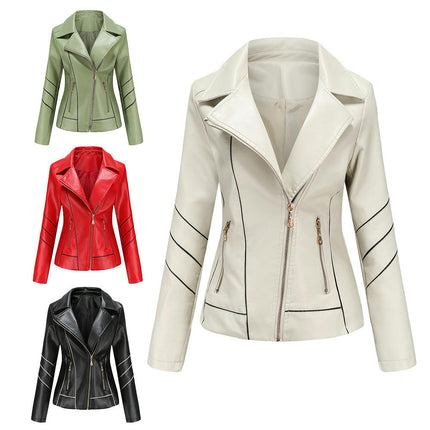 Women's Faux Leather Jackets Zip Up Short PU Moto Biker Outwear Slim Coat