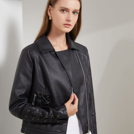 Women's Faux Leather Jacket Zipper PU Slim Biker Short Coat