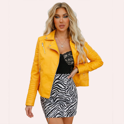 Faux Leather Jacket For Women Crop Short PU Slim Zip Up Moto Biker Jackets