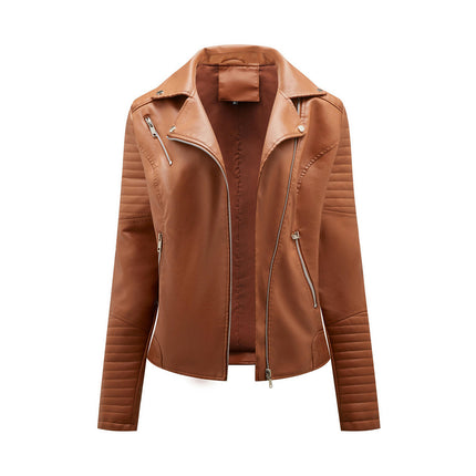 Faux Leather Jacket For Women Crop Short PU Slim Zip Up Moto Biker Jackets