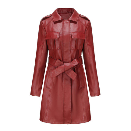 Women Faux Leather Jacket Mid Length Trench Coat Belted