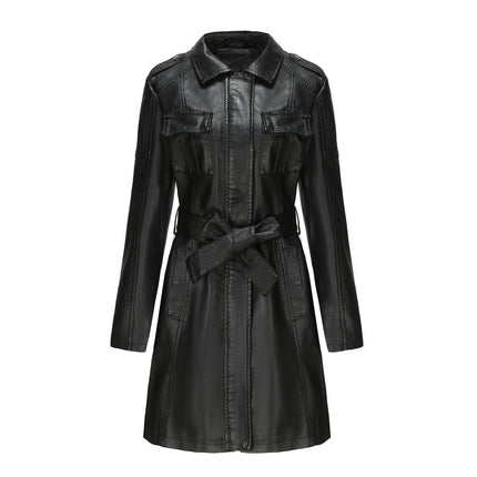 Women Faux Leather Jacket Mid Length Trench Coat Belted