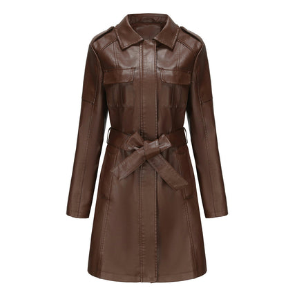 Women Faux Leather Jacket Mid Length Trench Coat Belted