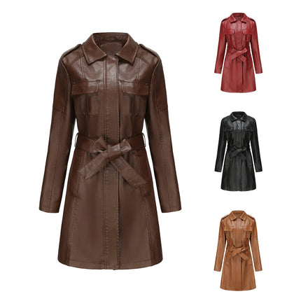 Women Faux Leather Jacket Mid Length Trench Coat Belted