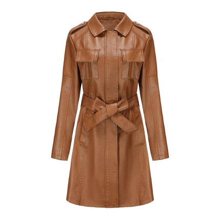 Women Faux Leather Jacket Mid Length Trench Coat Belted