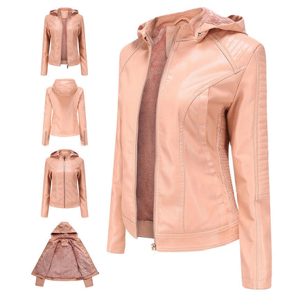 Women's Removable Hooded Faux Leather Jackets Fleece Lined Coat