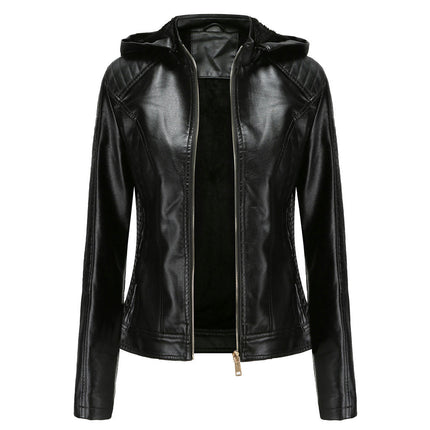 Women's Removable Hooded Faux Leather Jackets Fleece Lined Coat