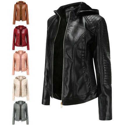 Women's Removable Hooded Faux Leather Jackets Fleece Lined Coat