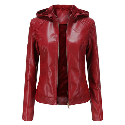 Women's Removable Hooded Faux Leather Jackets Fleece Lined Coat