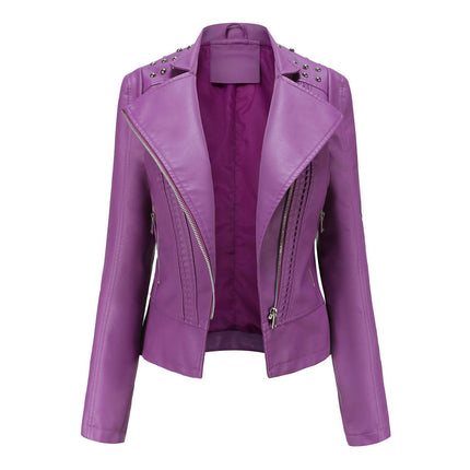 Women Faux Leather Jacket Fall and Spring Casual PU Slim Coat